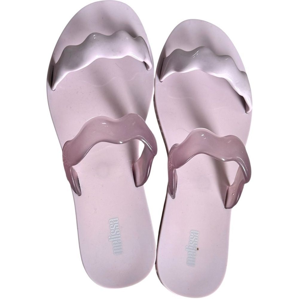 Melissa Pink Slide On Open Toe Two Strap Wavy Vegan Wind Sandals. 8. - Picture 3 of 5